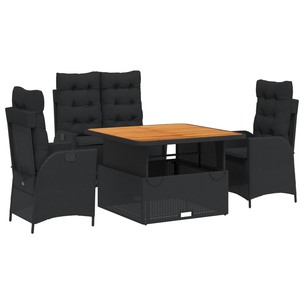 4-dijelni vrtni blagovaonski set od poliratana s jastucima crni