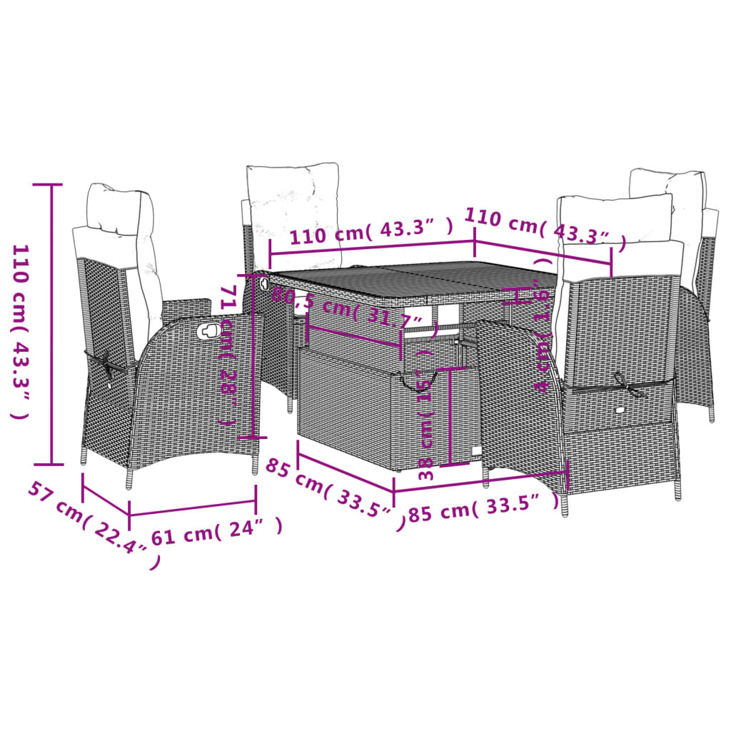 5-dijelni vrtni blagovaonski set sivi od poliratana Siva 110 cm table length