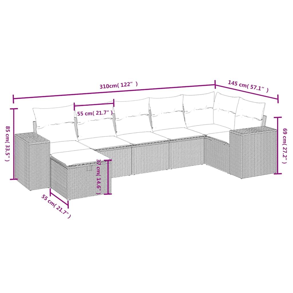 7-dijelni set vrtnih sofa od poliratana s jastucima crni