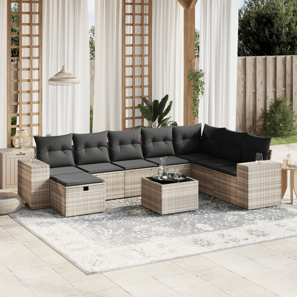 9-dijelni set vrtnih sofa od poliratana s jastucima svjetlosivi