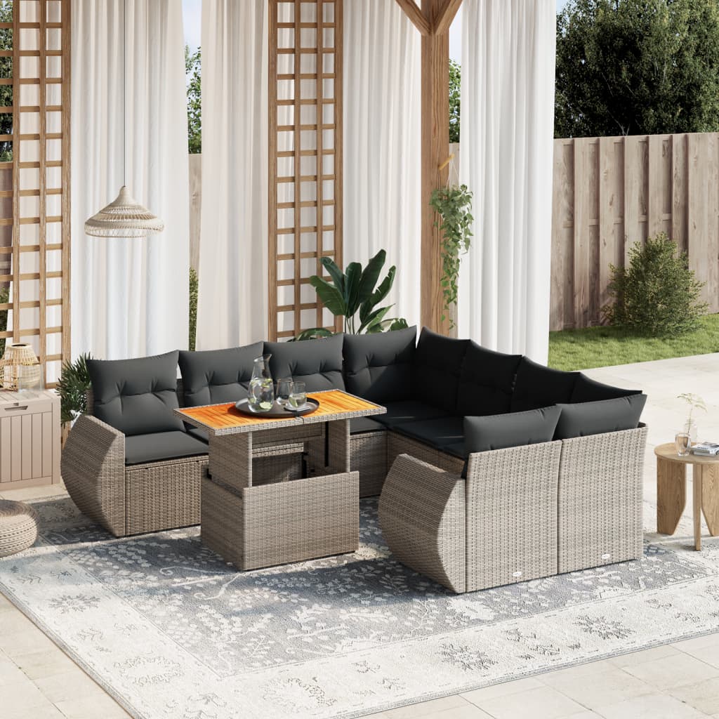 9-dijelni set vrtnih sofa od poliratana s jastucima sivi