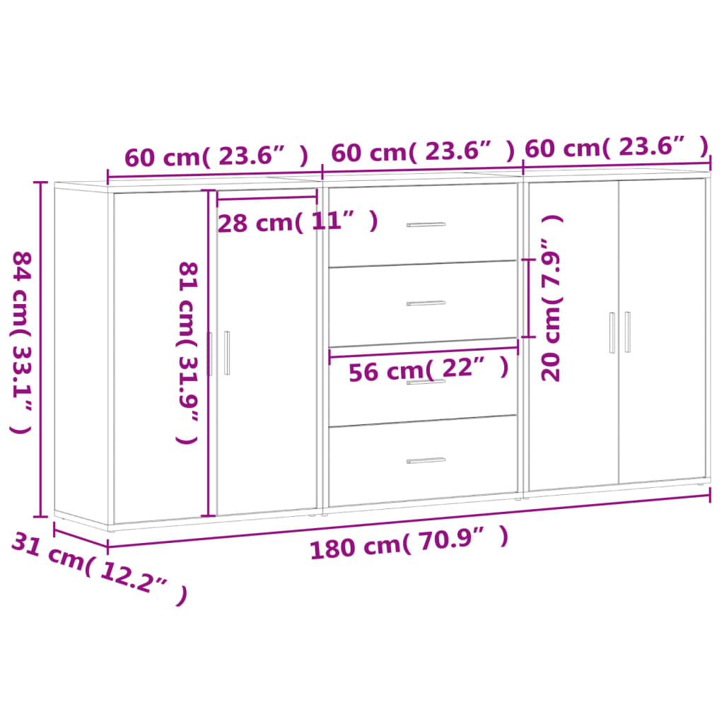 Komoda 3 kom siva boja betona 60x31x84 cm konstruiranog drva