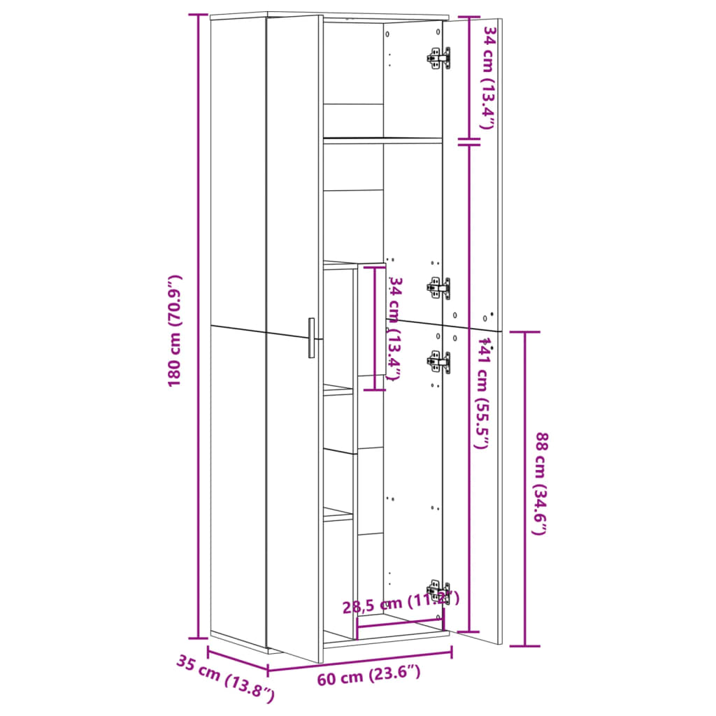 Visoka komoda siva boja hrasta 60x35x180 cm konstruirano drvo