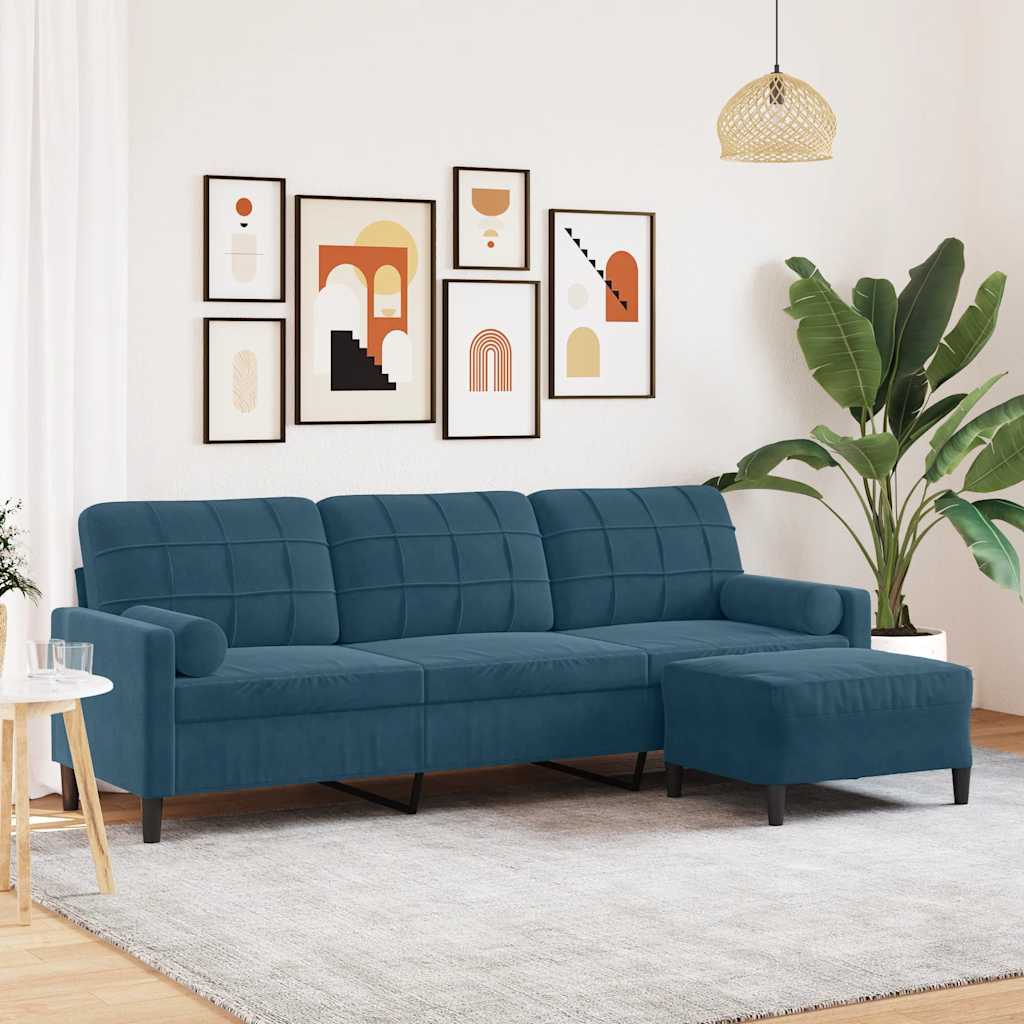 Trosjed s tabureom Plava 210 cm baršunasti