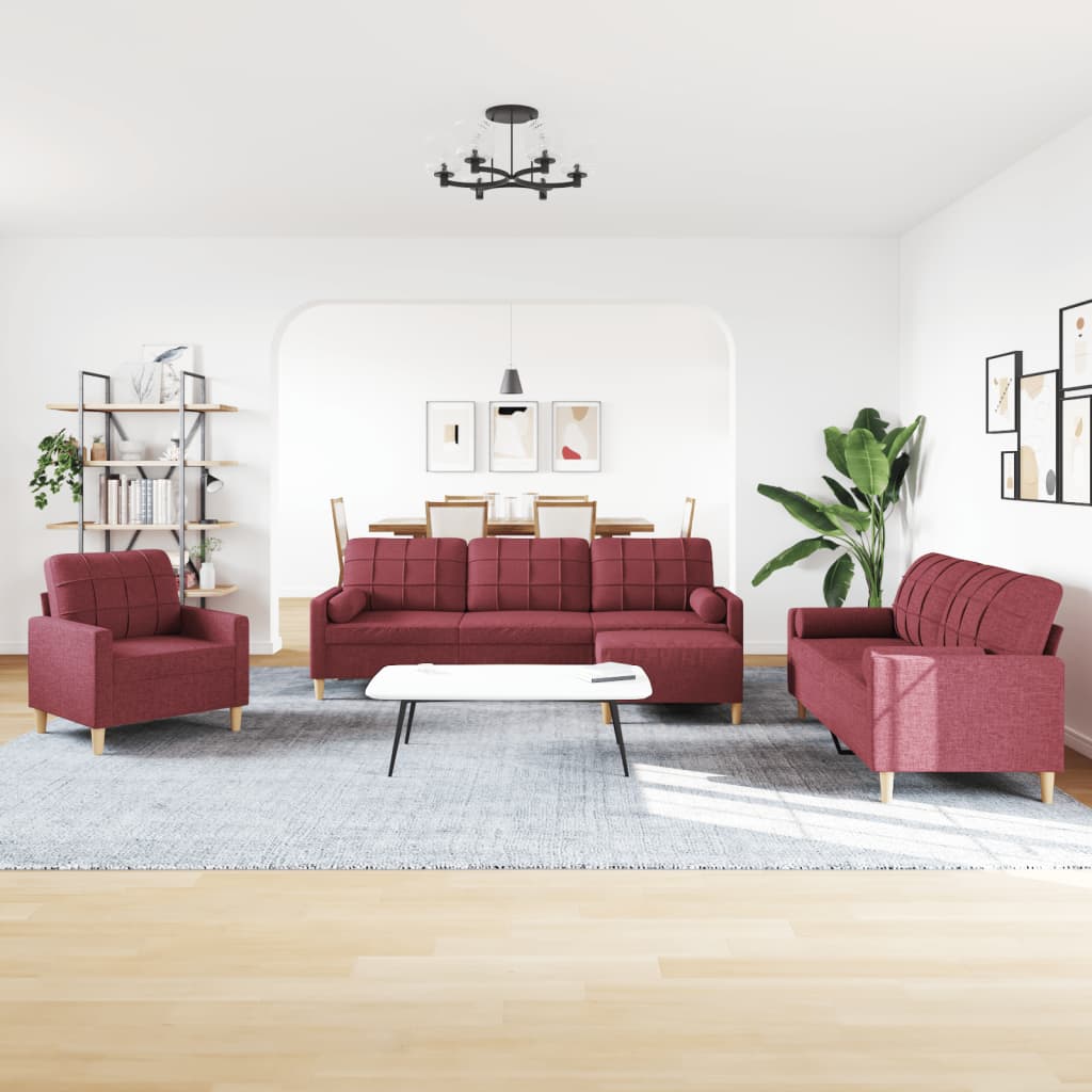 4-dijelni set sofa s tabureom i jastucima boja vina tkanina