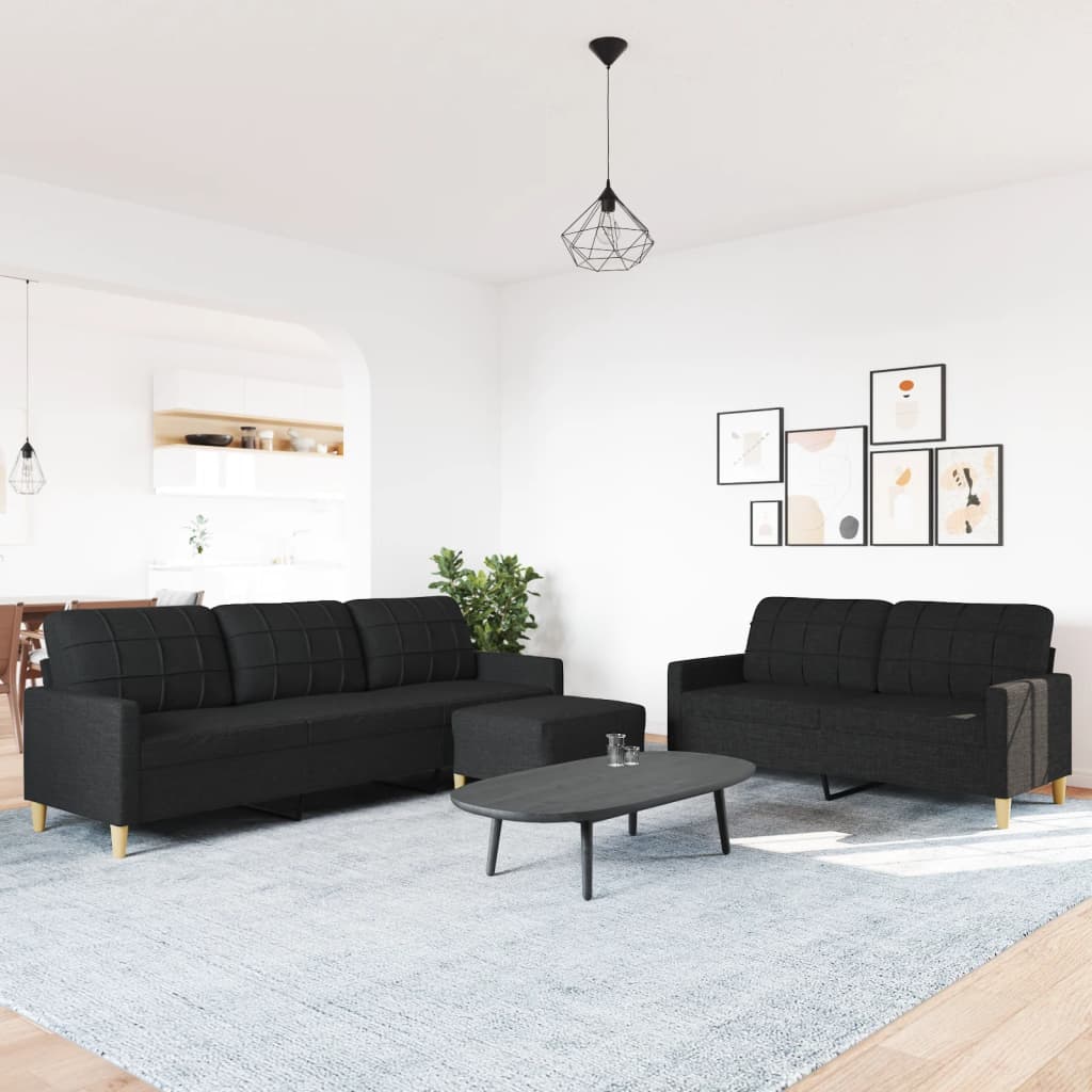 3-dijelni set sofa s tabureom crni od tkanine