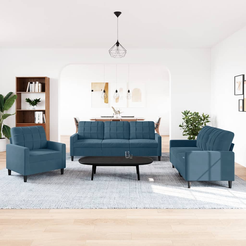 3-dijelni set sofa s jastucima plavi baršunasti