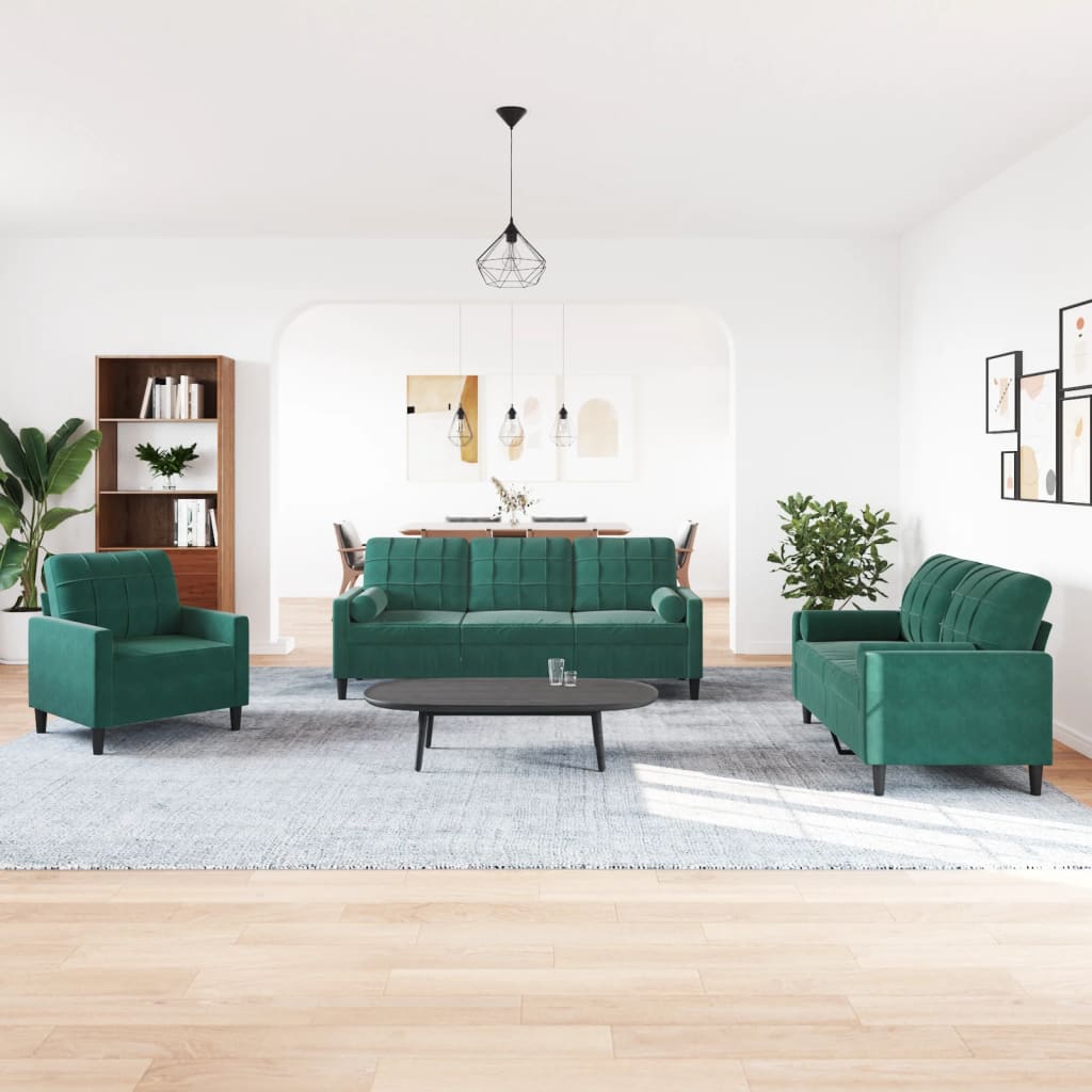 3-dijelni set sofa s jastucima tamnozeleni baršunasti