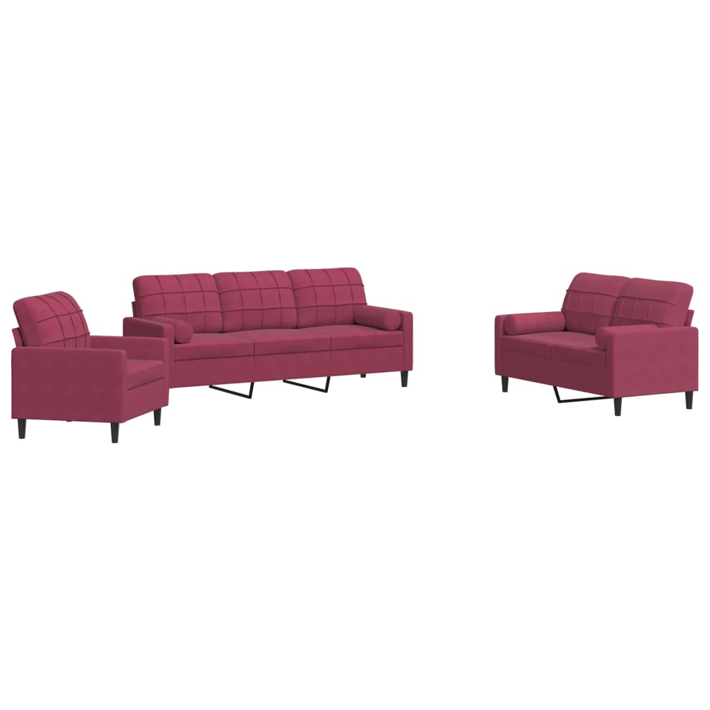 3-dijelni set sofa s jastucima crvena boja vina baršunasti