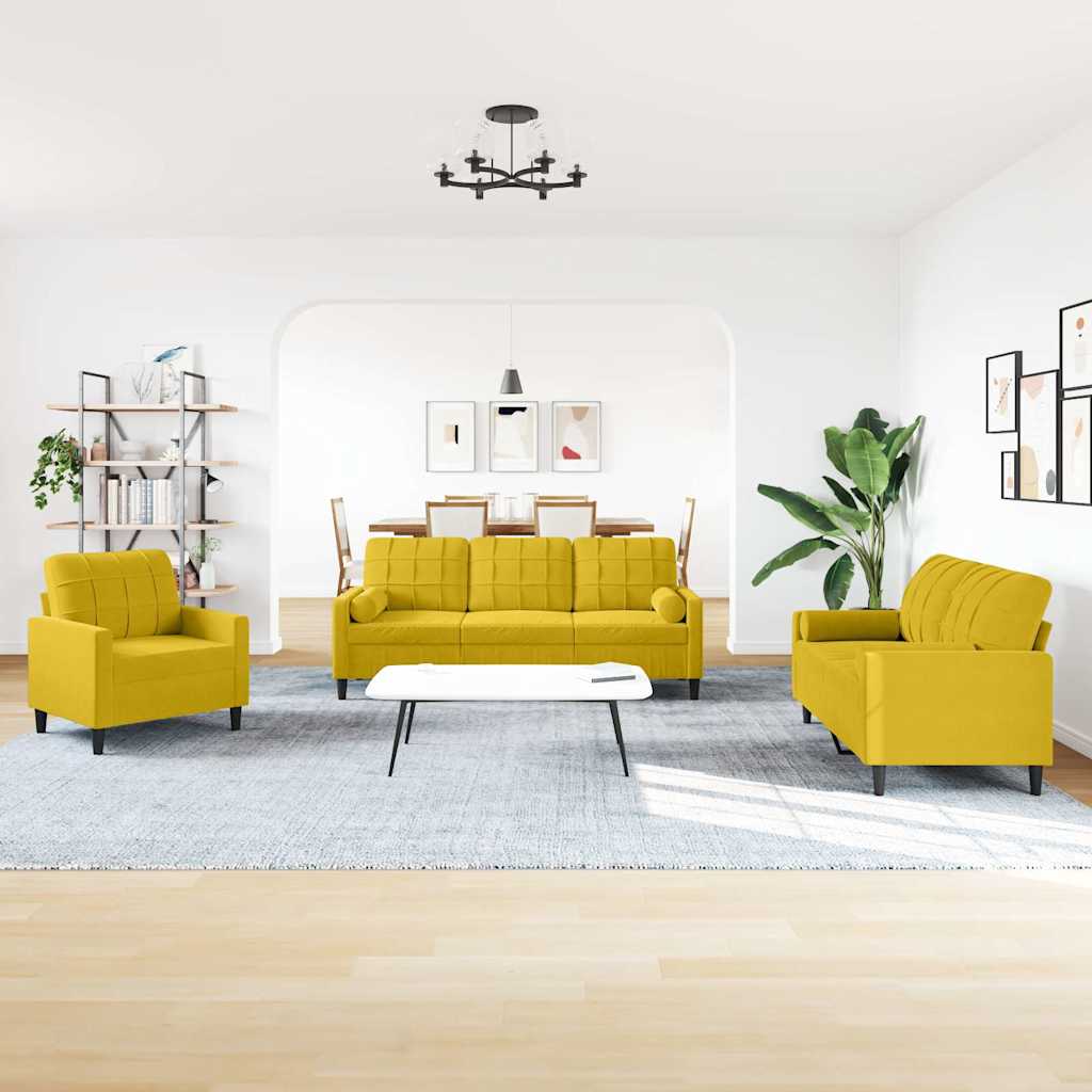 3-dijelni set sofa s jastucima žuti baršunasti