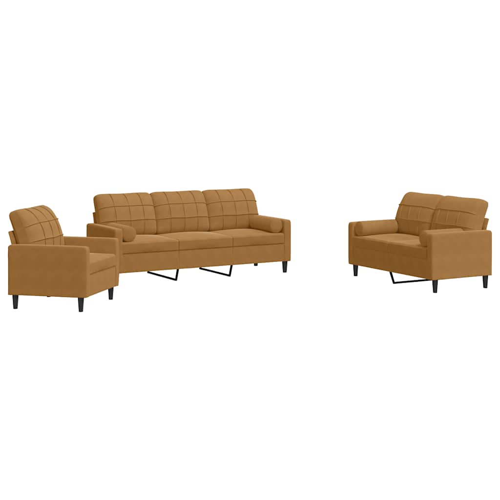 3-dijelni set sofa s jastucima smeđi baršunasti