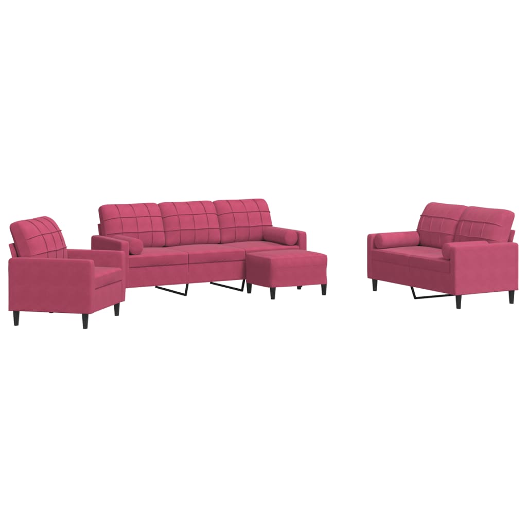 4-dijelni set sofa s jastucima crvena boja vina baršunasti