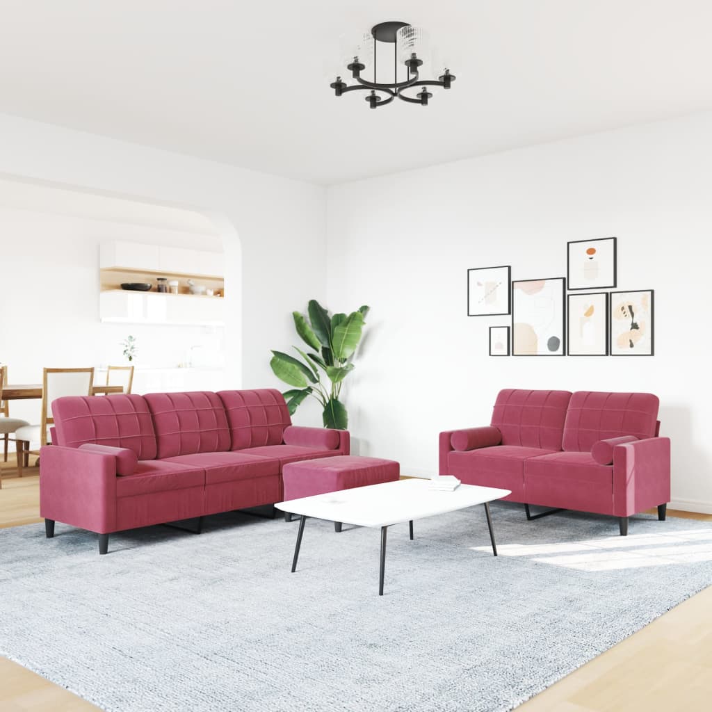 3-dijelni set sofa s jastucima crvena boja vina baršunasti