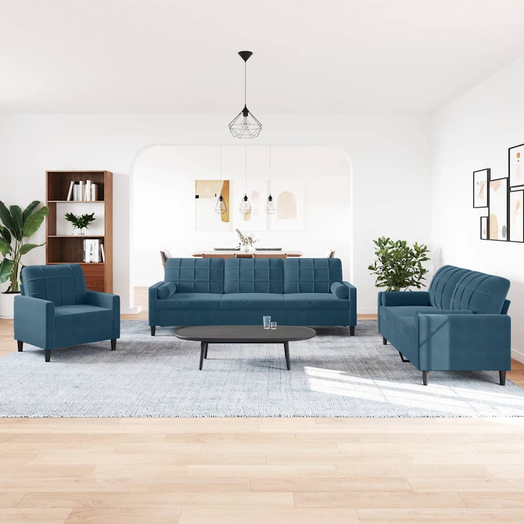 3-dijelni set sofa s jastucima plavi baršunasti
