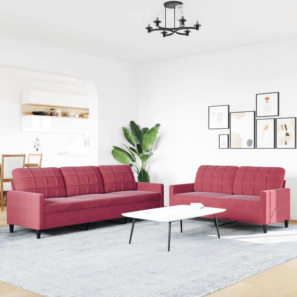 2-dijelni set sofa s jastucima crvena boja vina baršunasti