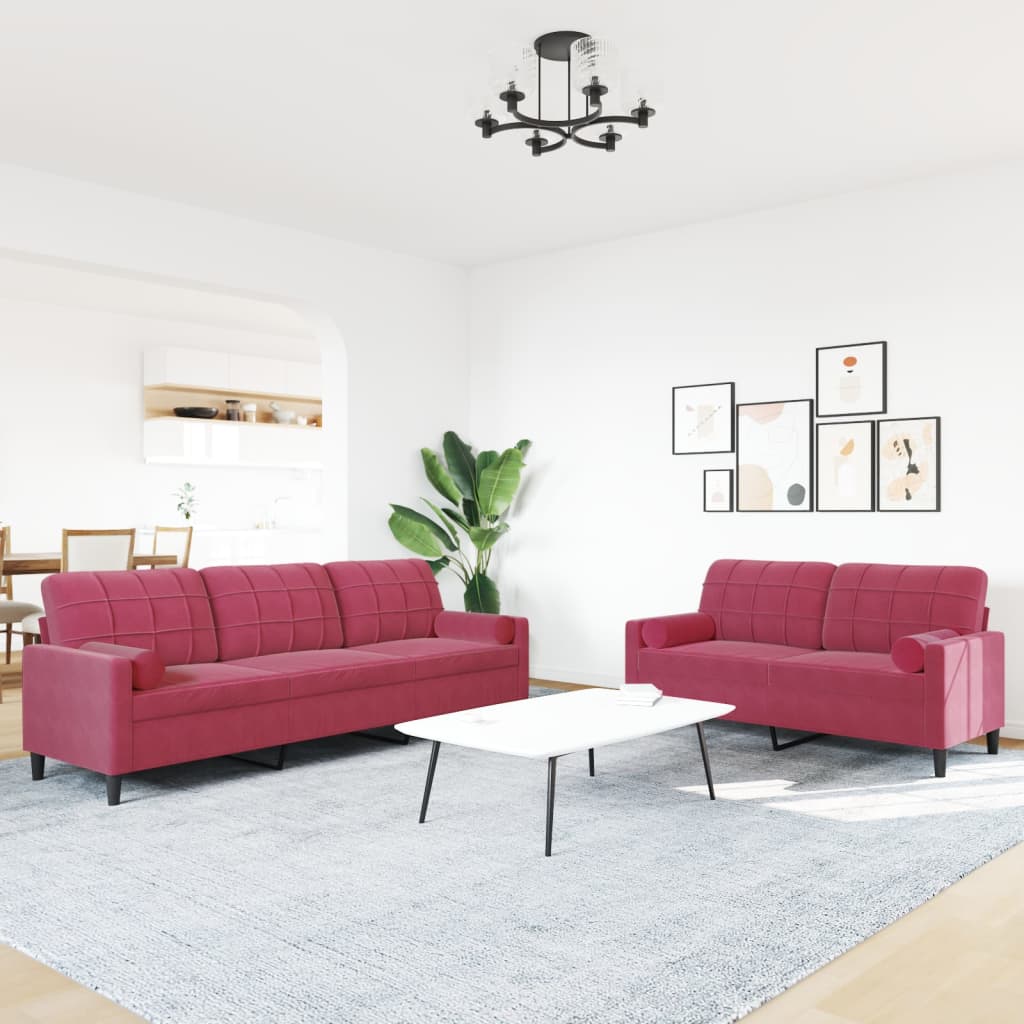 2-dijelni set sofa s jastucima crvena boja vina baršunasti