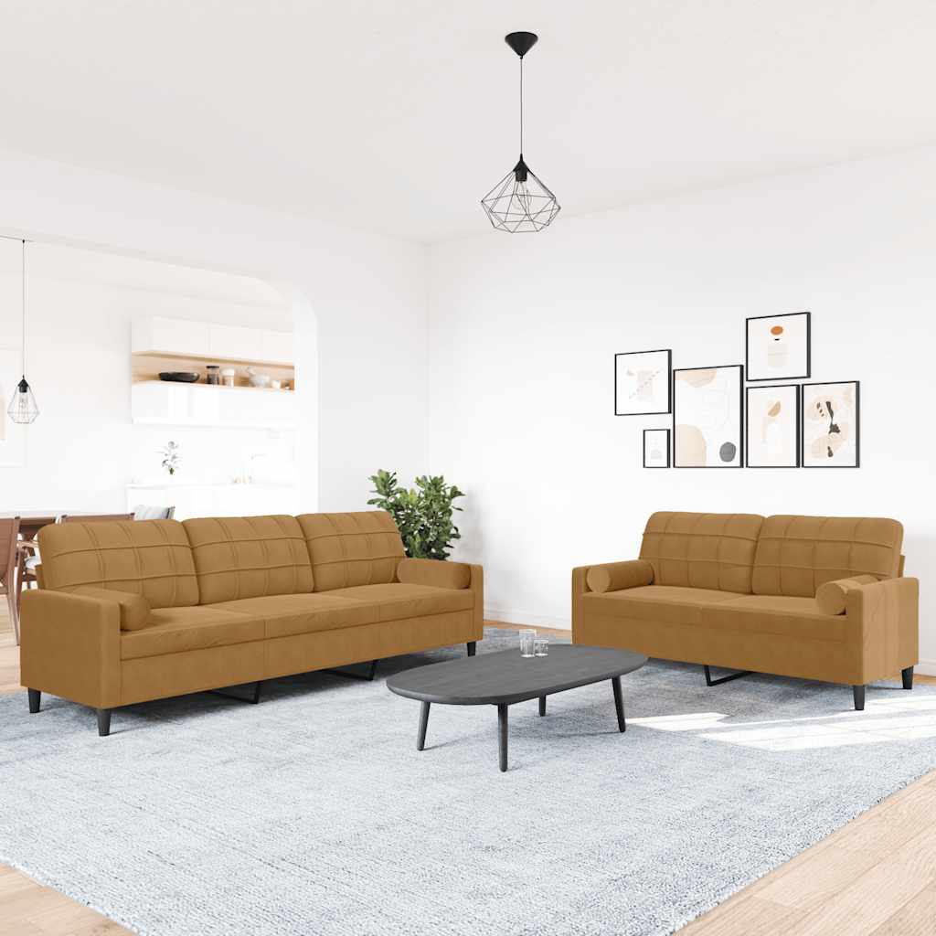 2-dijelni set sofa s jastucima smeđi baršunasti