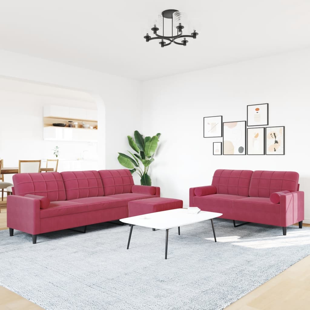 3-dijelni set sofa s jastucima crvena boja vina baršunasti