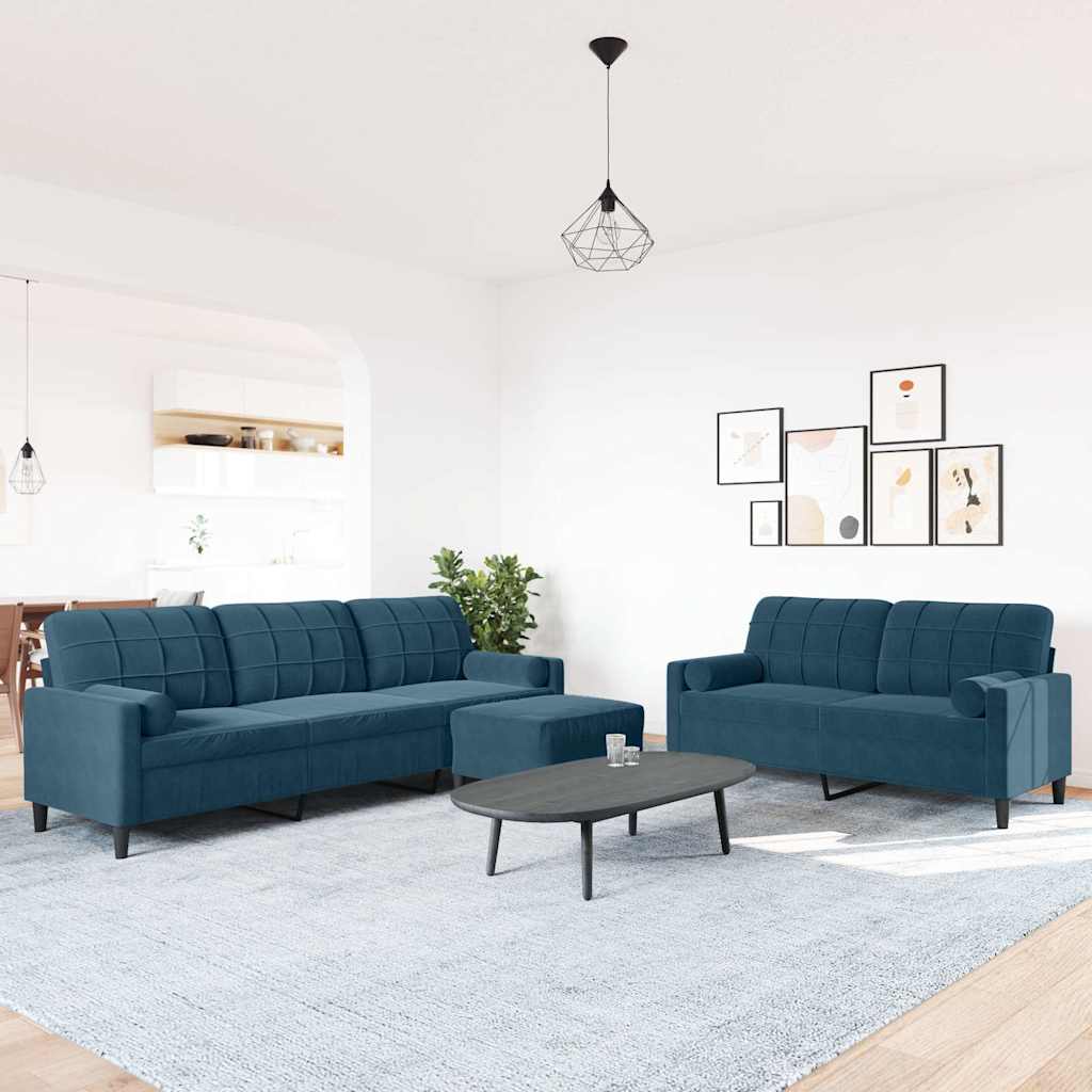 3-dijelni set sofa s jastucima plavi baršunasti