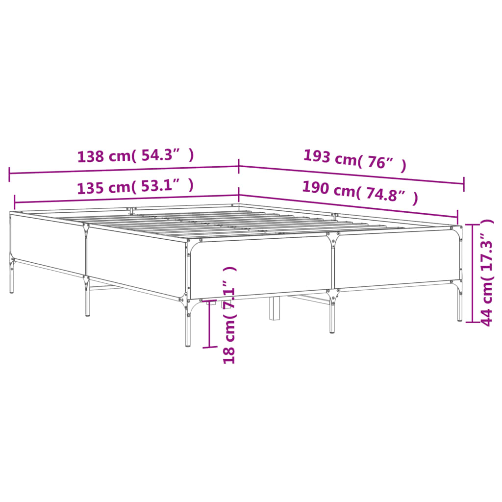 Okvir za krevet boja hrasta 135x190cm konstruirano drvo i metal