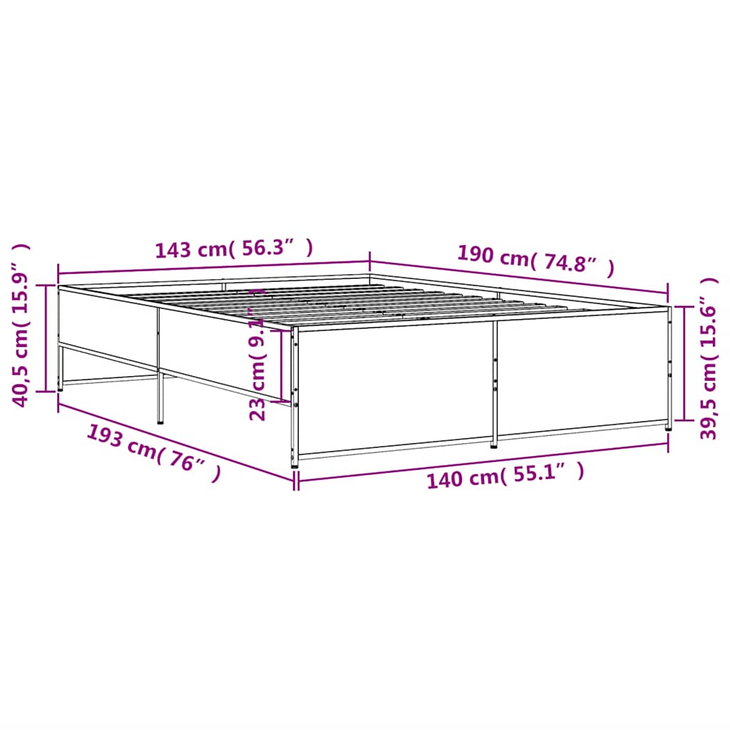Okvir za krevet boja hrasta 140x190cm konstruirano drvo i metal