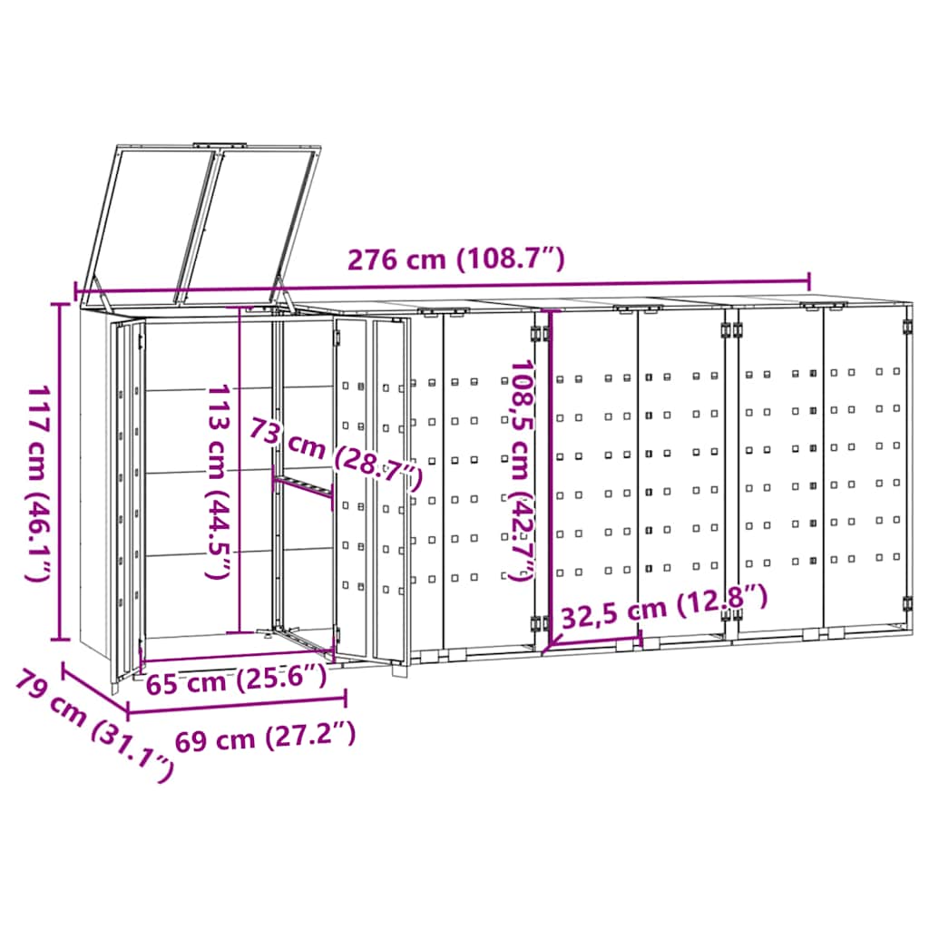 Spremište za 4 kanta za otpad sivo 276x79x117 cm čelično