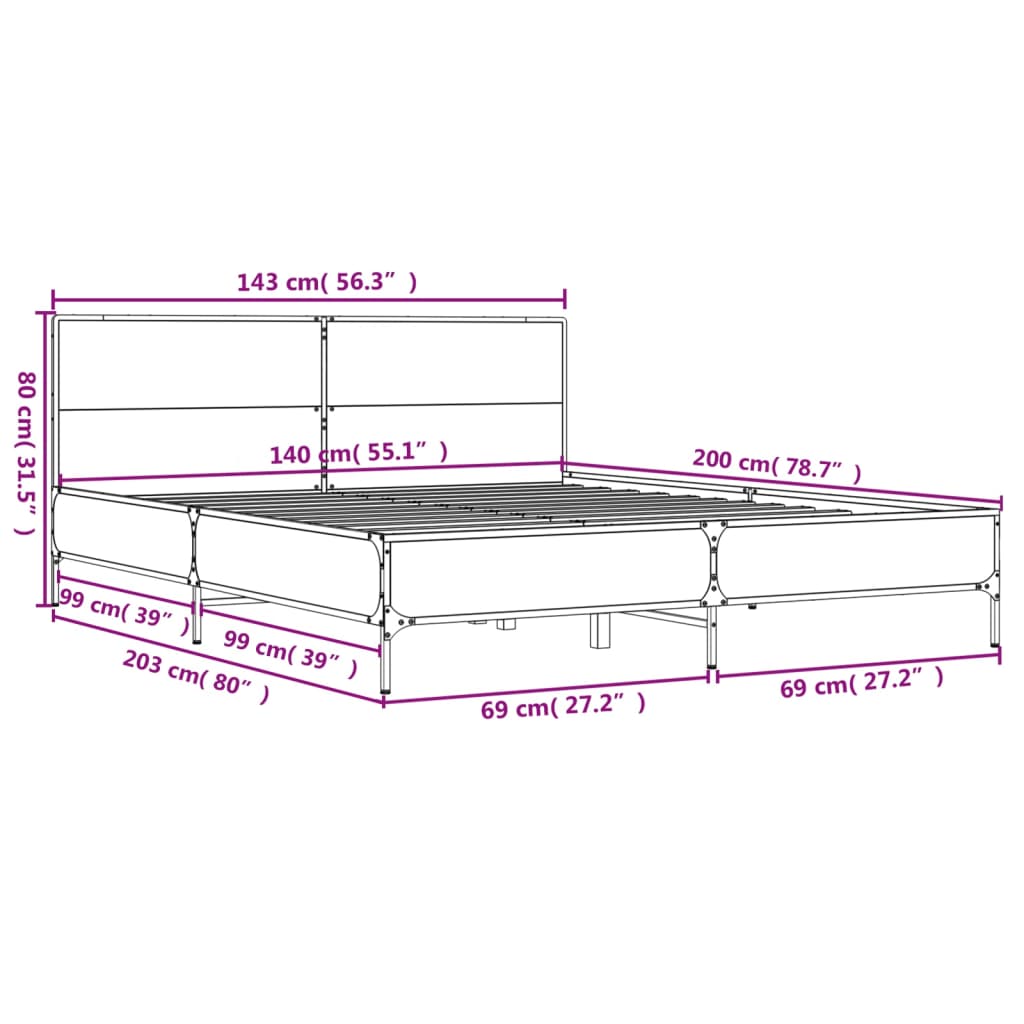 Okvir kreveta boja hrasta 140x200 cm konstruirano drvo i metal