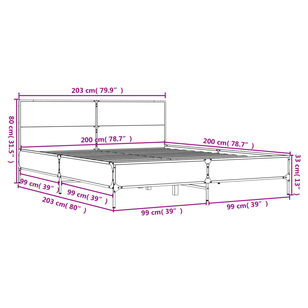 Okvir za krevet boja hrasta 200x200cm konstruirano drvo i metal