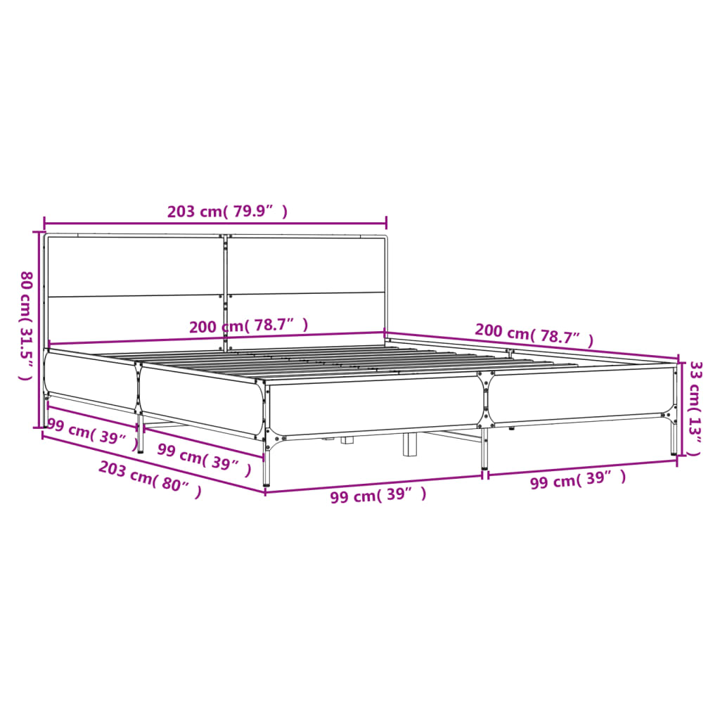 Okvir za krevet smeđi hrast 200x200cm konstruirano drvo i metal