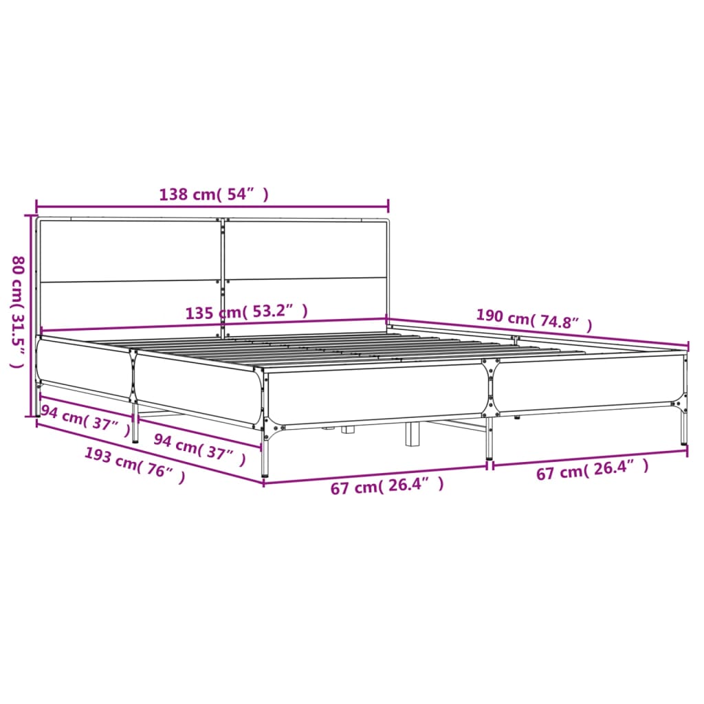 Okvir za krevet smeđi hrast 135x190cm konstruirano drvo i metal
