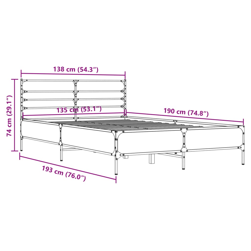 Okvir za krevet boja hrasta 135x190cm konstruirano drvo i metal