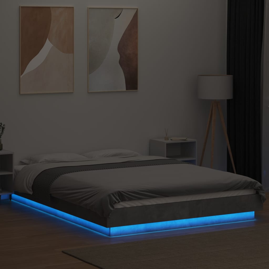 Okvir kreveta s LED svjetlima boja betona 140 x 190 cm drveni