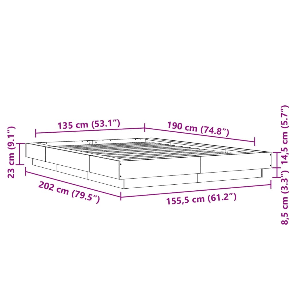 Okvir krevet s LED svjetlima siva boja betona 135x190 cm drveni