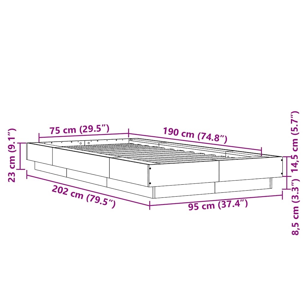Okvir za krevet s LED svjetlima 75x190 cm od konstruiranog drva