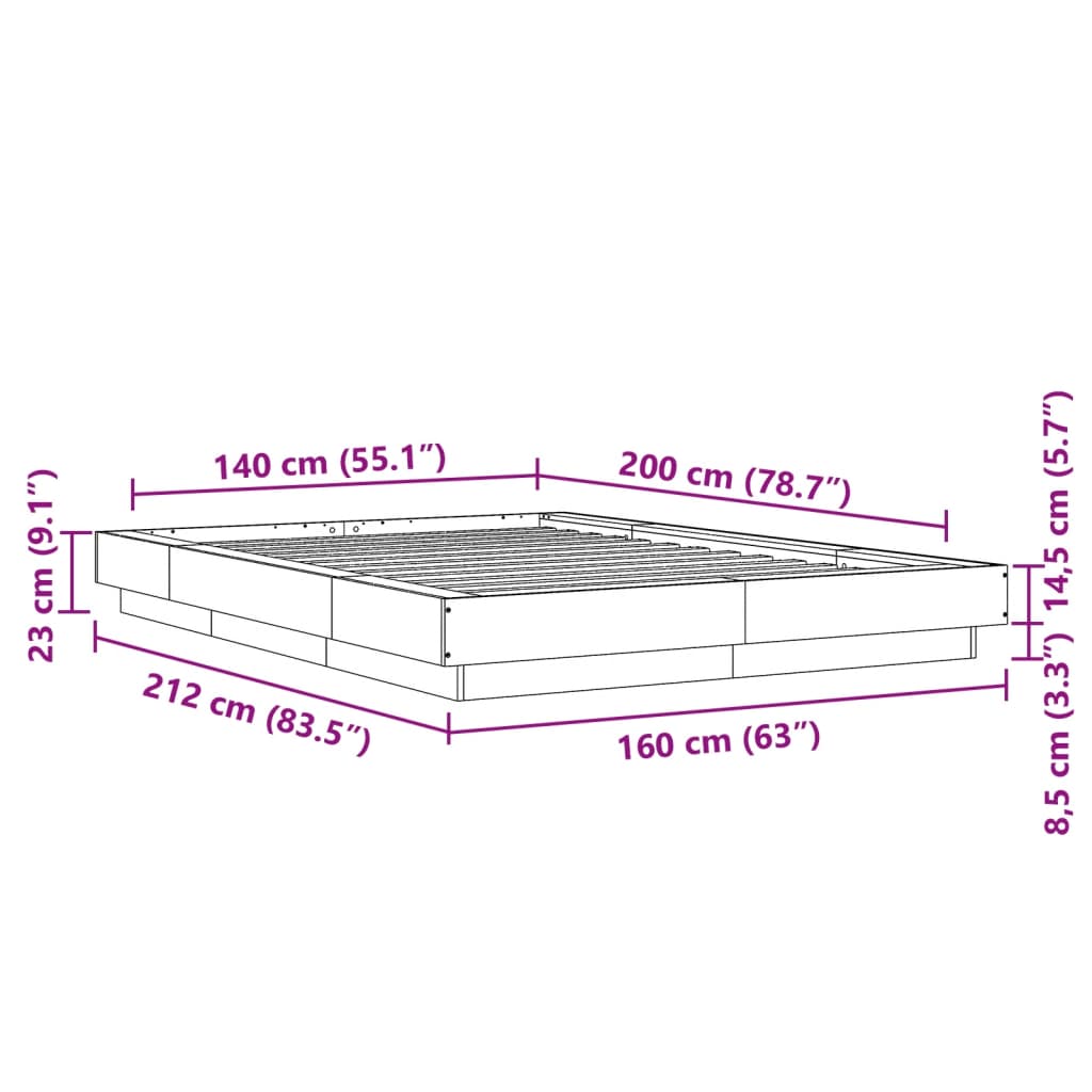 Okvir kreveta siva boja hrasta 140 x 200 cm konstruirano drvo