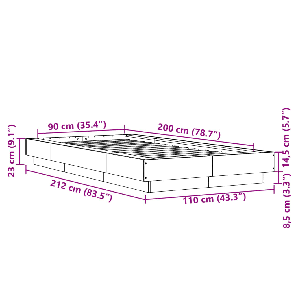 Okvir kreveta boja betona 90x200 cm od konstruiranog drva