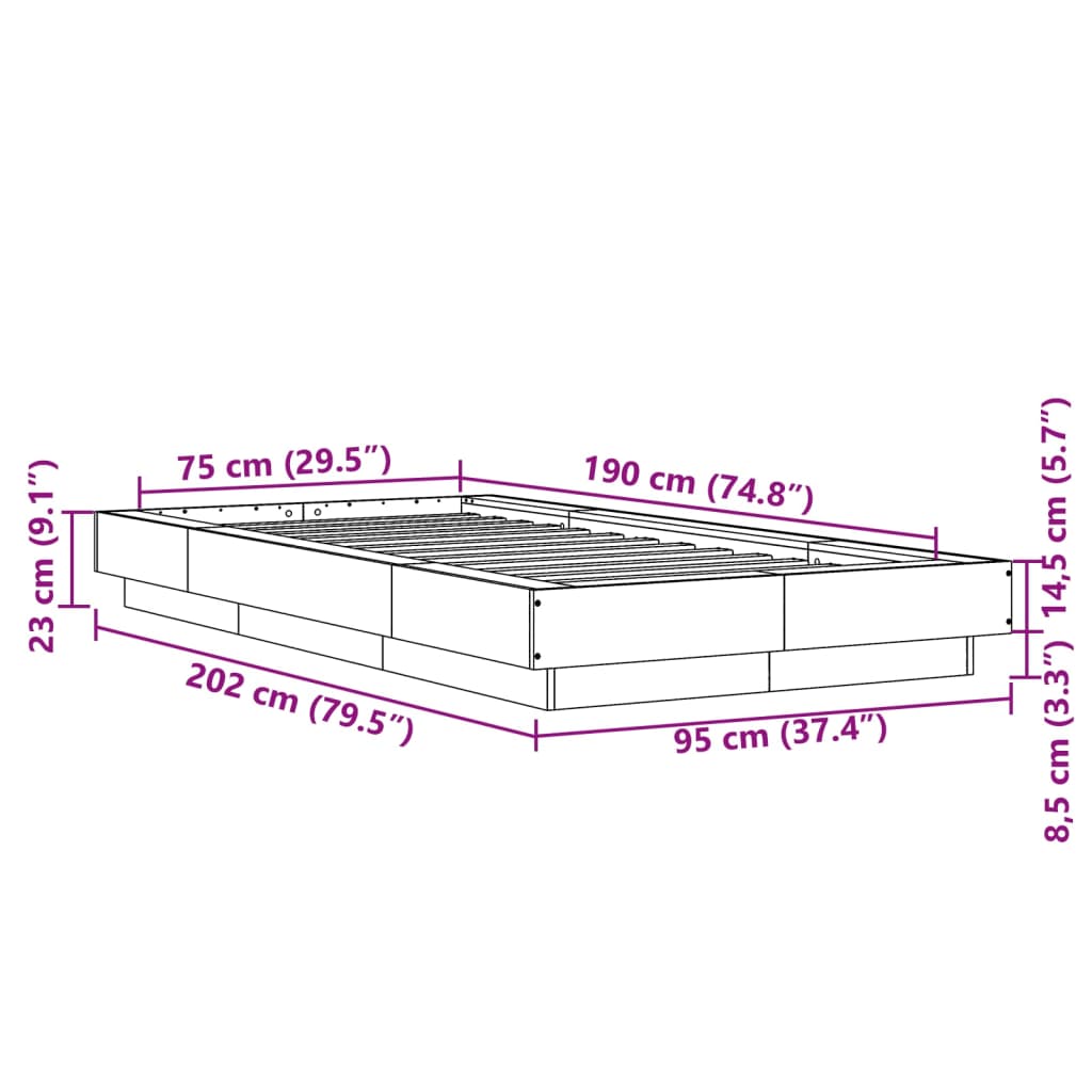 Okvir za krevet boja hrasta 75 x 190 cm od konstruiranog drva
