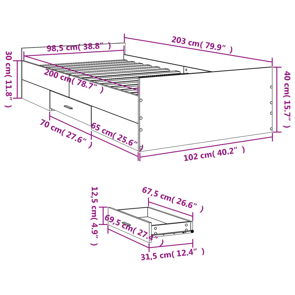 Okvir kreveta s ladicama boja hrasta 100x200 cm