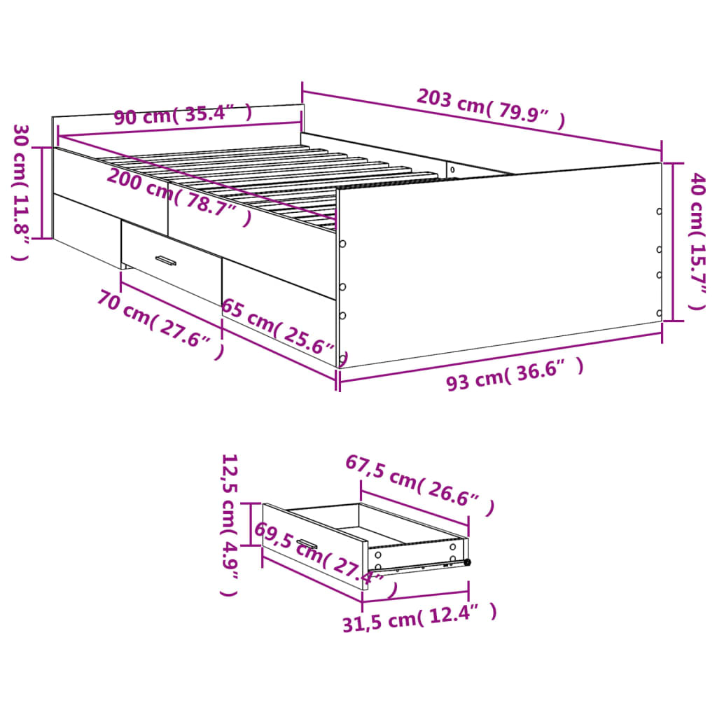 Okvir kreveta s ladicama bez madraca bijeli 90x200 cm