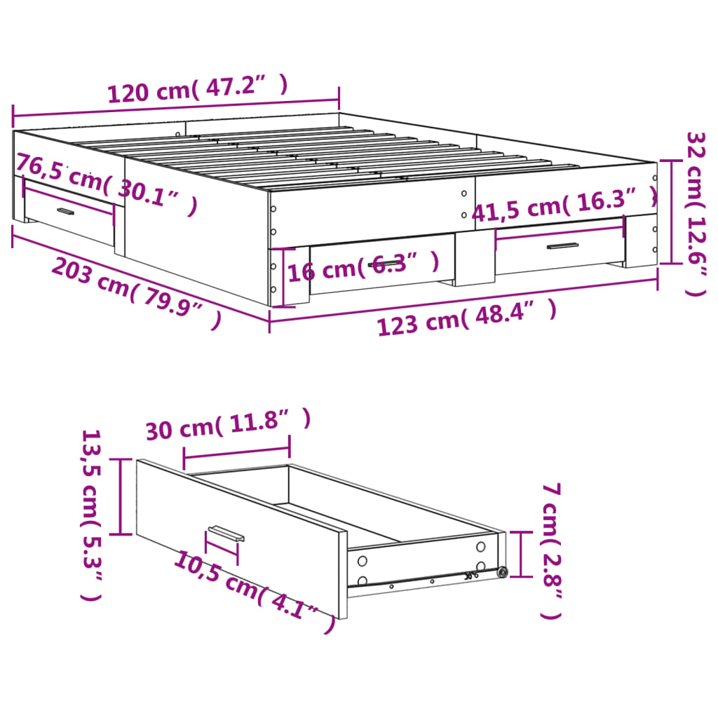Okvir za krevet s ladicama boja hrasta 120x200 cm drveni