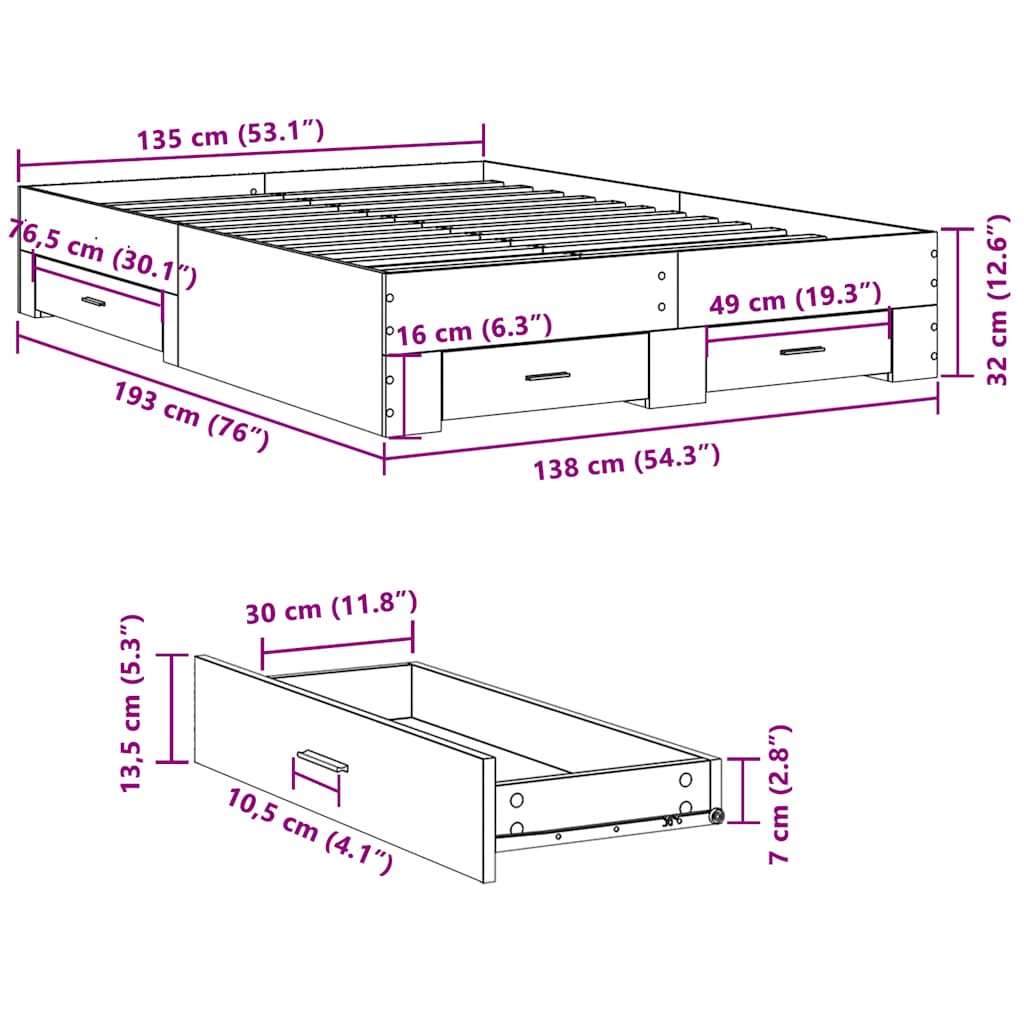 Okvir za krevet s ladicama boja hrasta 135x190 cm drveni