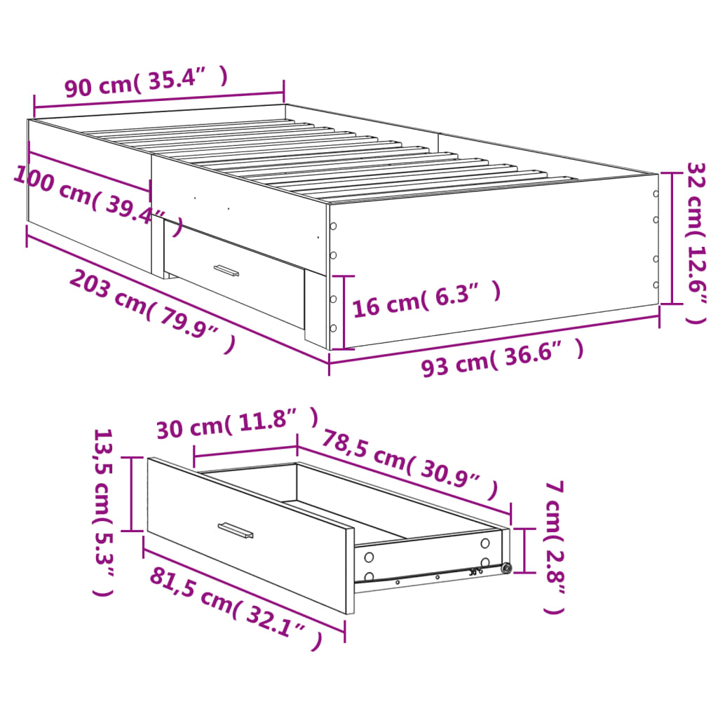 Okvir za krevet s ladicama boja hrasta 90x200 cm