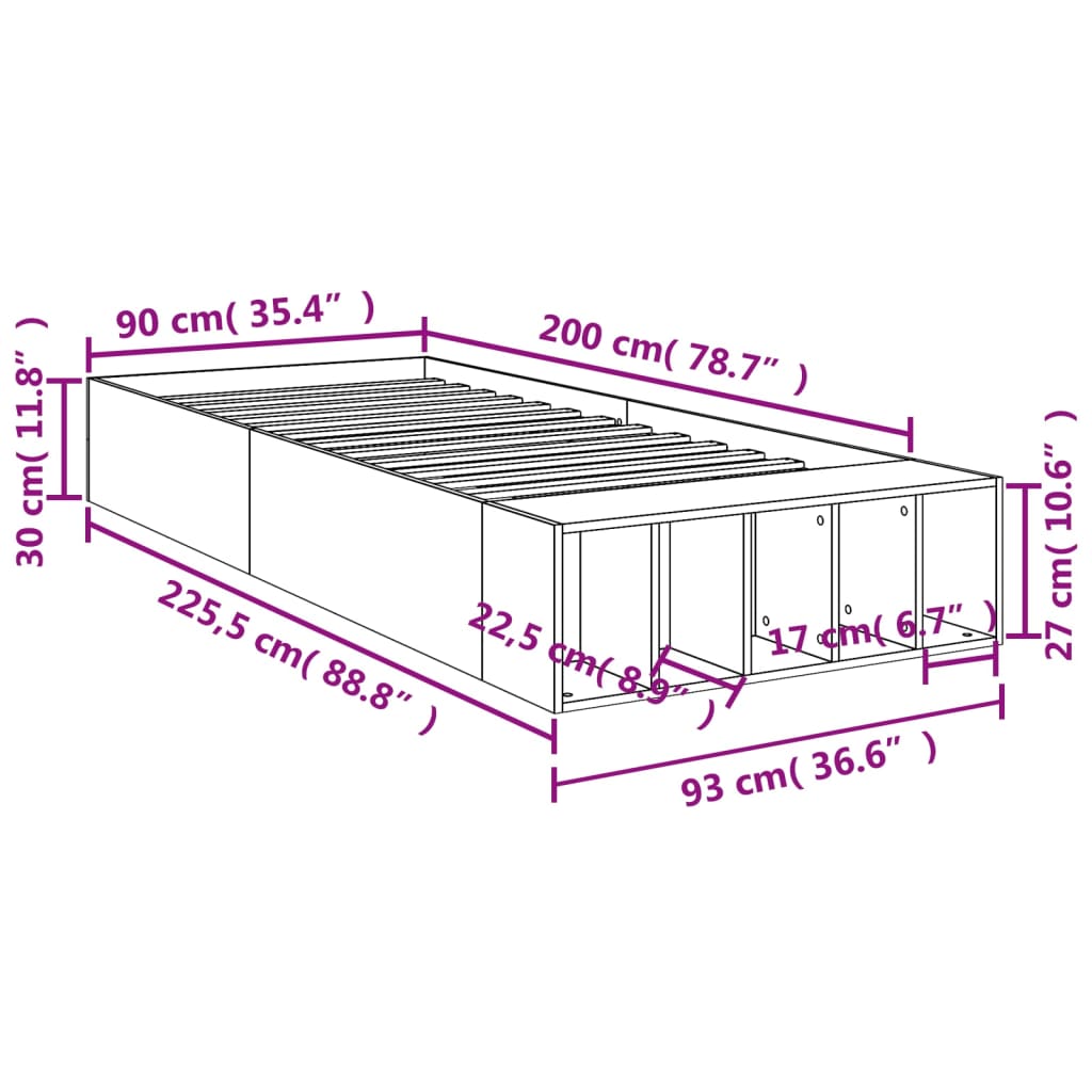 Okvir kreveta boja betona 90x200 cm od konstruiranog drva