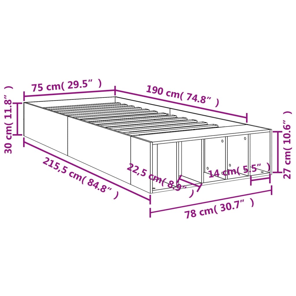 Okvir za krevet crni 75 x 190 cm od konstruiranog drva