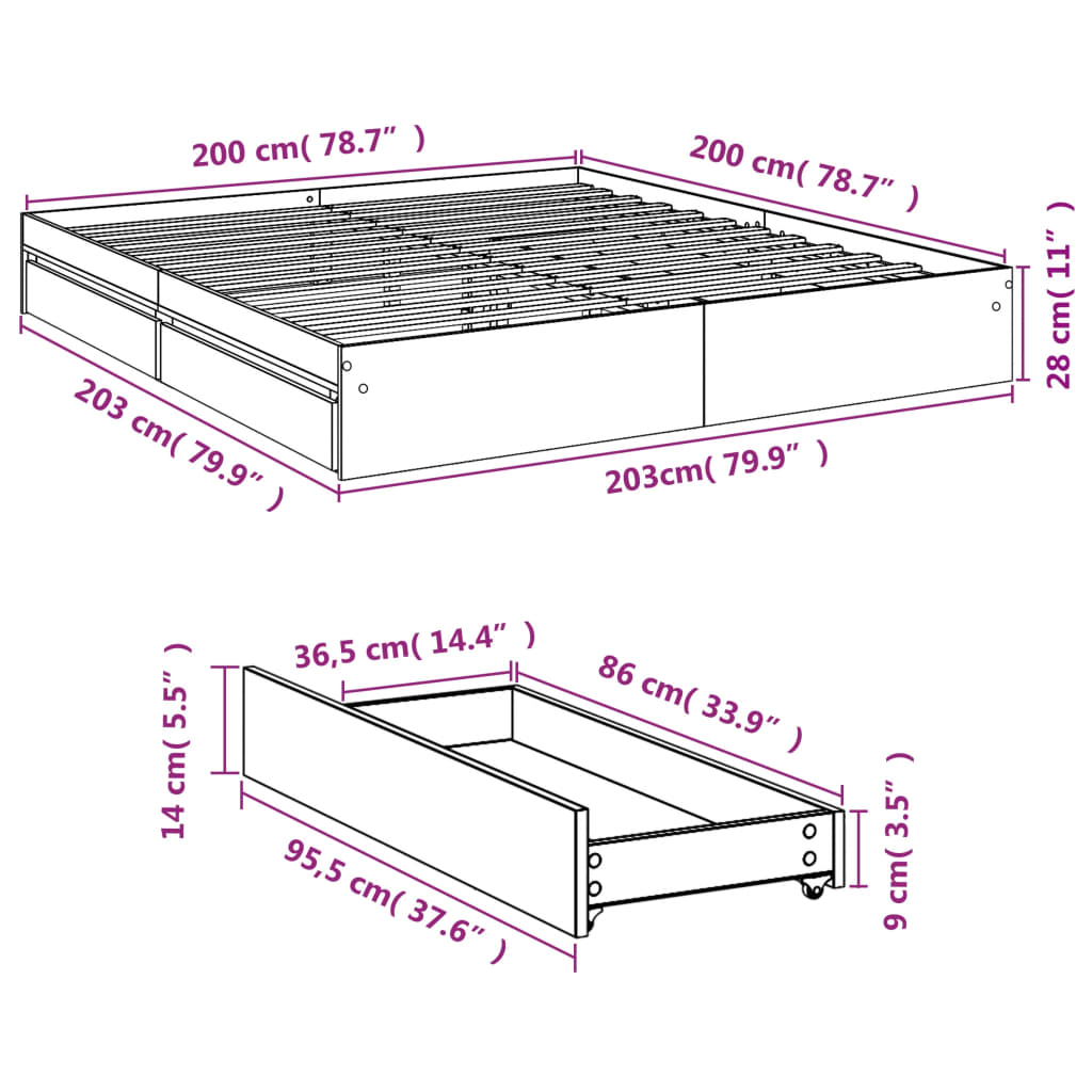 Okvir za krevet s ladicama crni 200x200 cm konstruirano drvo