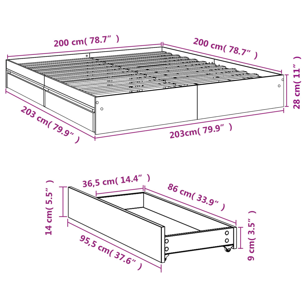 Okvir za krevet s ladicama boja hrasta 200x200 cm drveni