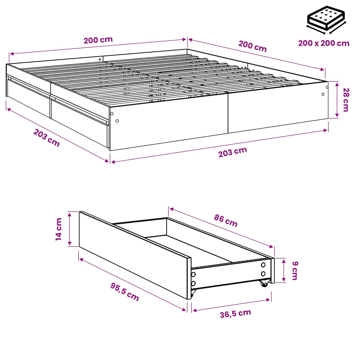 Okvir za krevet s ladicama boja hrasta 200x200 cm drveni Siva 200 x 200 cm