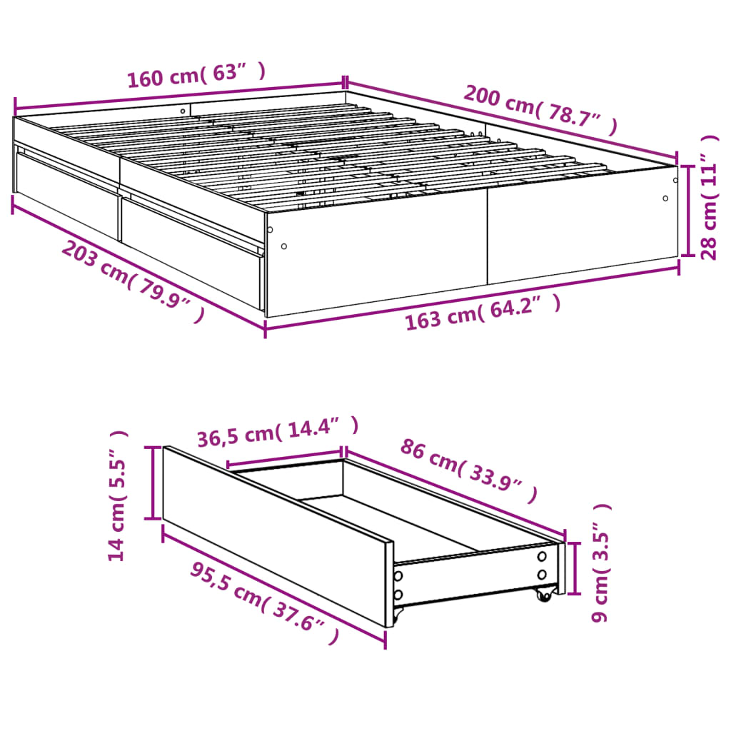 Okvir za krevet s ladicama boja hrasta 160x200 cm drveni