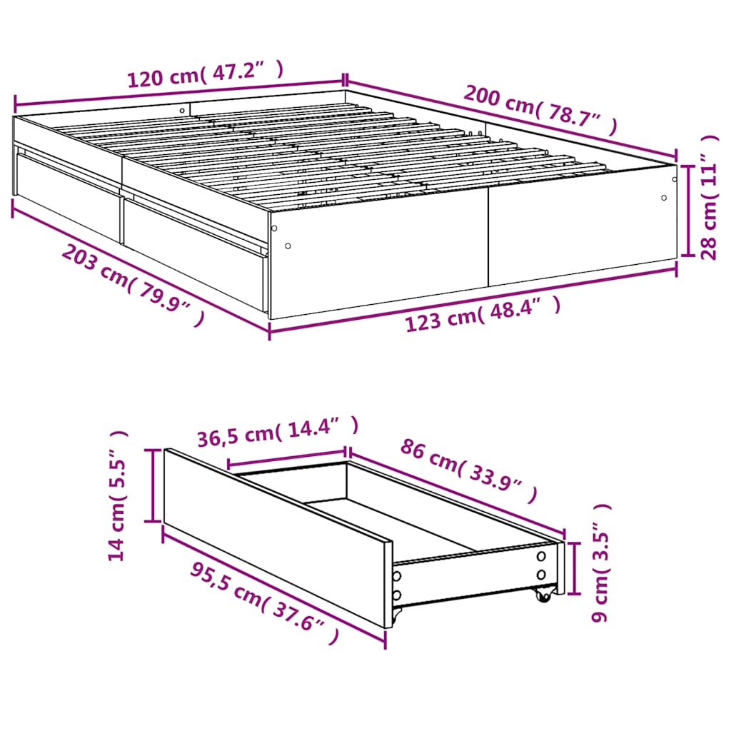 Okvir za krevet s ladicama boja hrasta 120x200 cm drveni