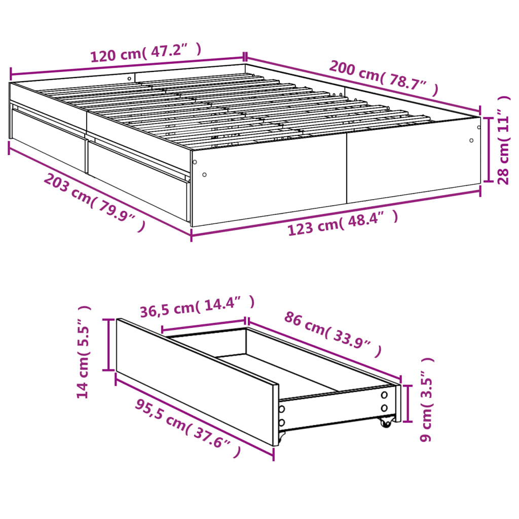 Okvir kreveta s ladicama boja hrasta 120x200 cm